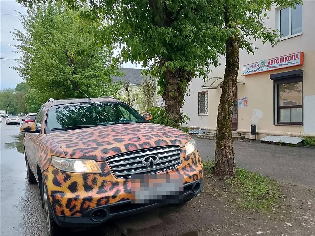 Леопардовая Infiniti автошколы «Штурман» у входа в автошколу